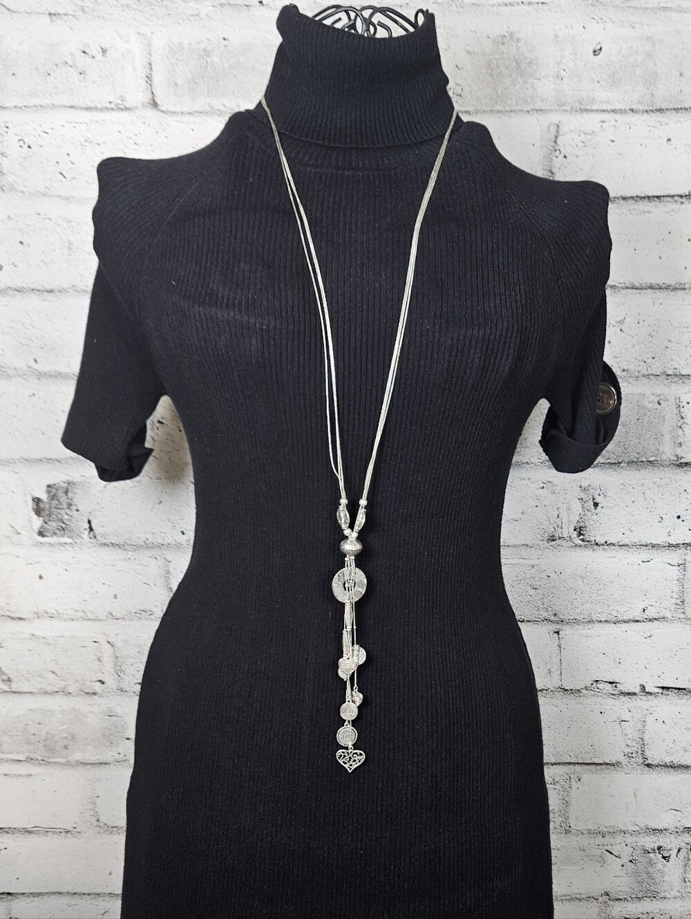 Silver Tone Long Love Heart Charm Pendant Necklace Boho Statement
